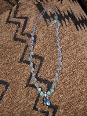 Handmade Gray Macramé Necklace with Turquoise Beads and Blue Pendant